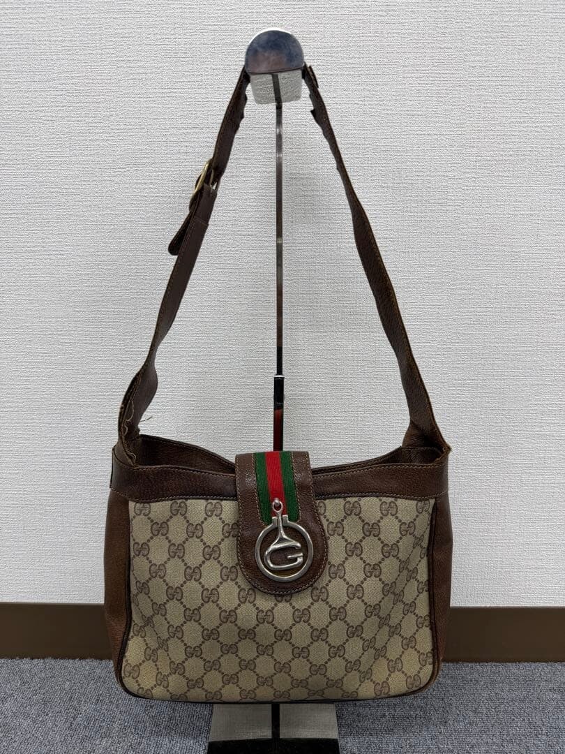 Gucci Vintage GG Monogram Shoulder Bag Brown PVC Leather Strap Logo Clasp 30cm