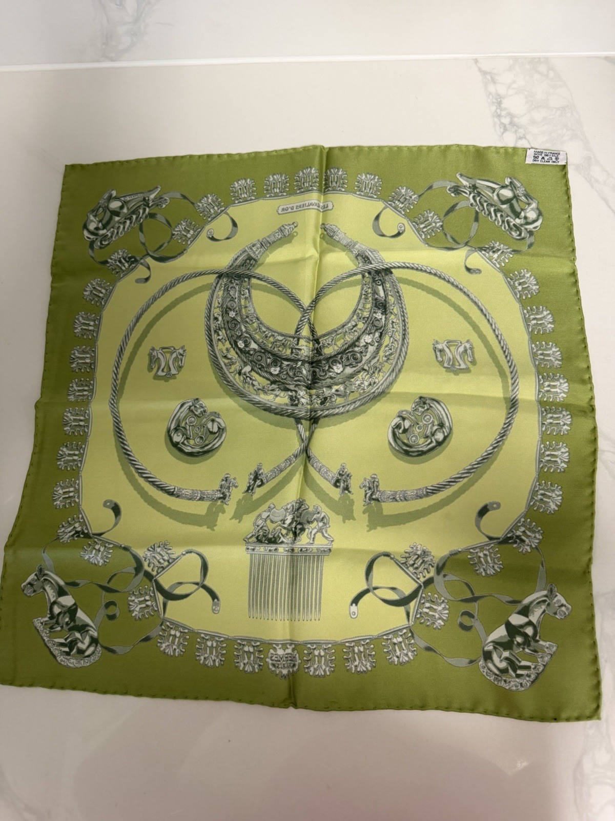 HERMES Les Cavaliers d’Or Carre 90 Silk Scarf Green Vintage Made in France