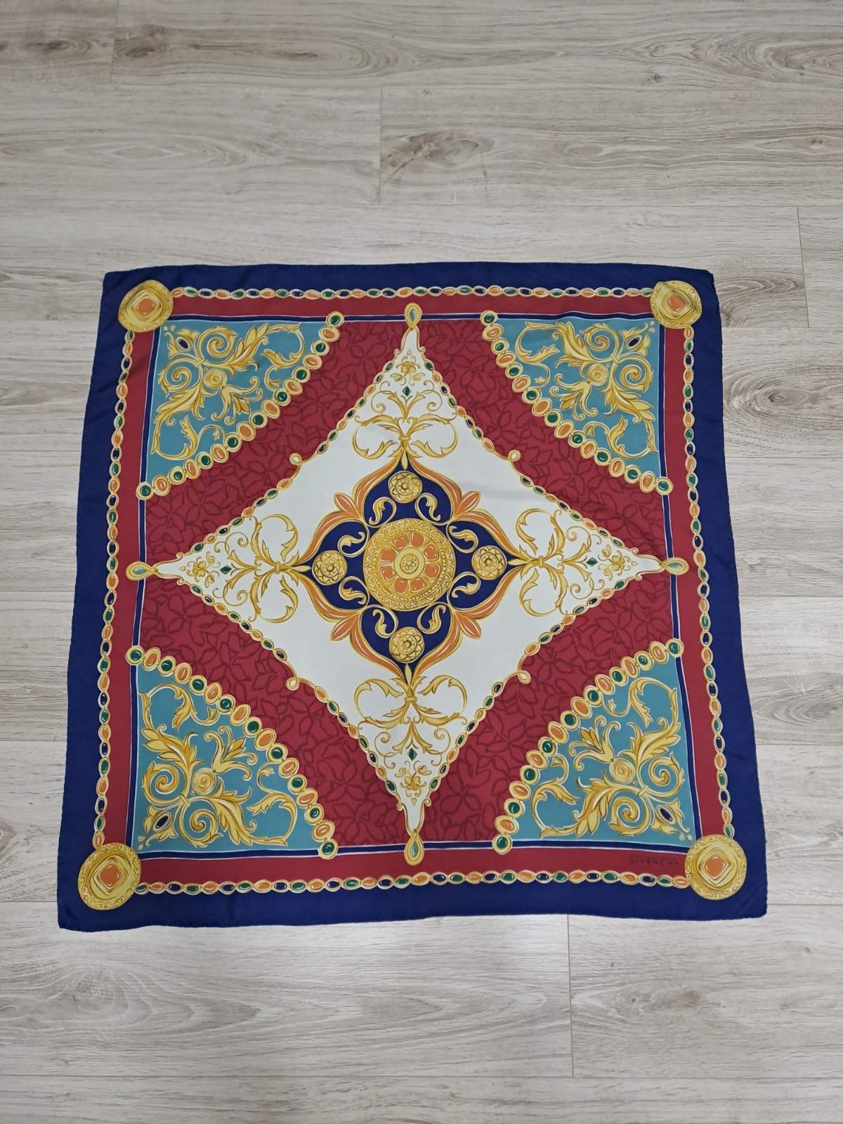 Vtg GIVENCHY Paris Silk Scarf Navy Blue Red Gold Chain Medallion Baroque Print