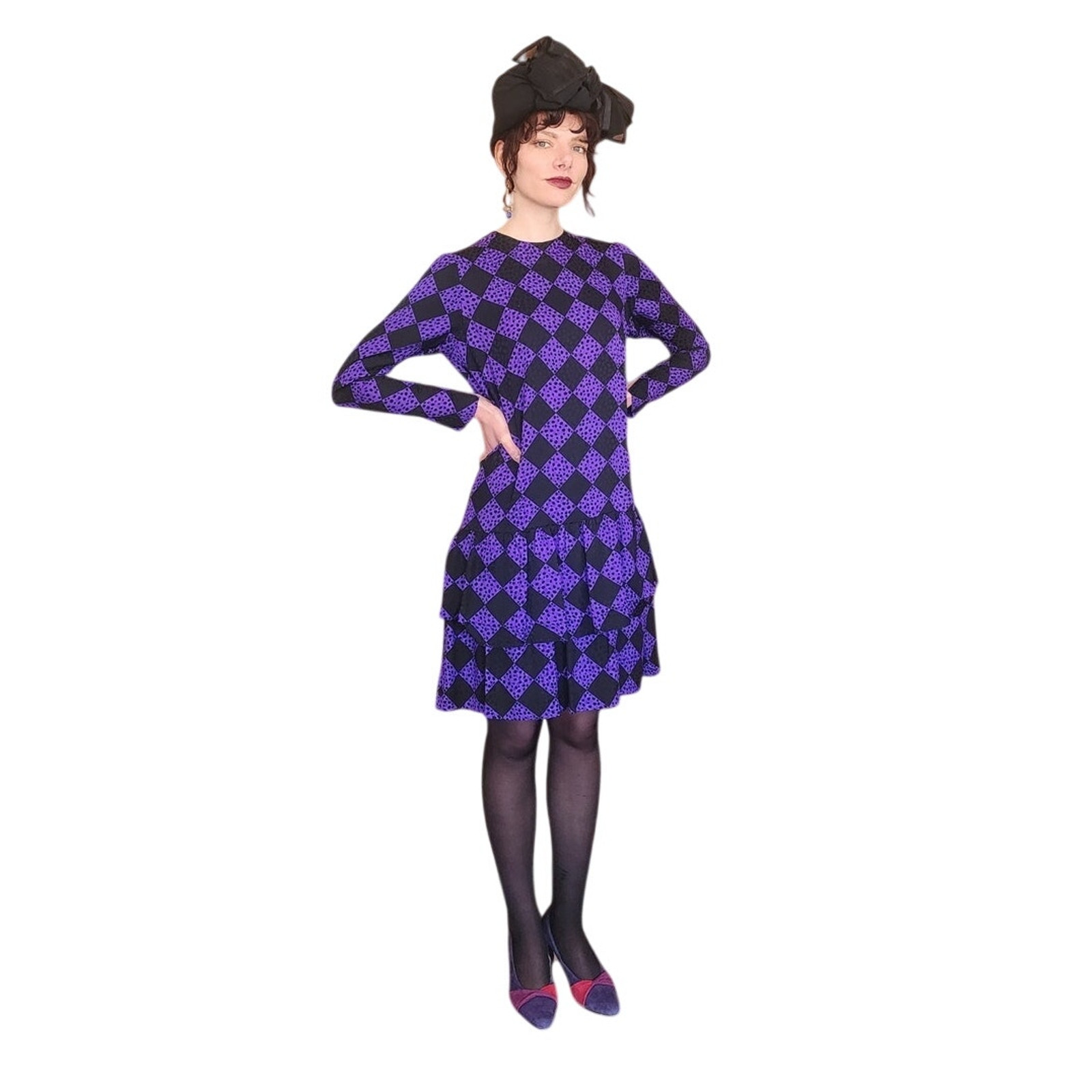 VTG1980s GIVENCHY Silkprint Dress Purple Black Harlequin Diamonds Long Sleeved