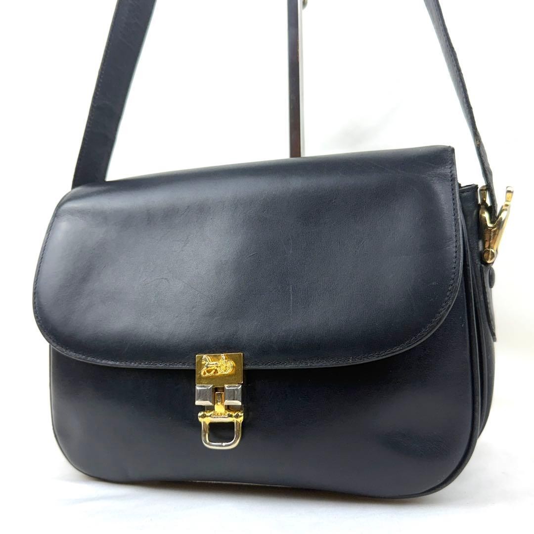 CELINE Carriage Box Calf Leather Shoulder Bag Vintage Navy Gold Hardware