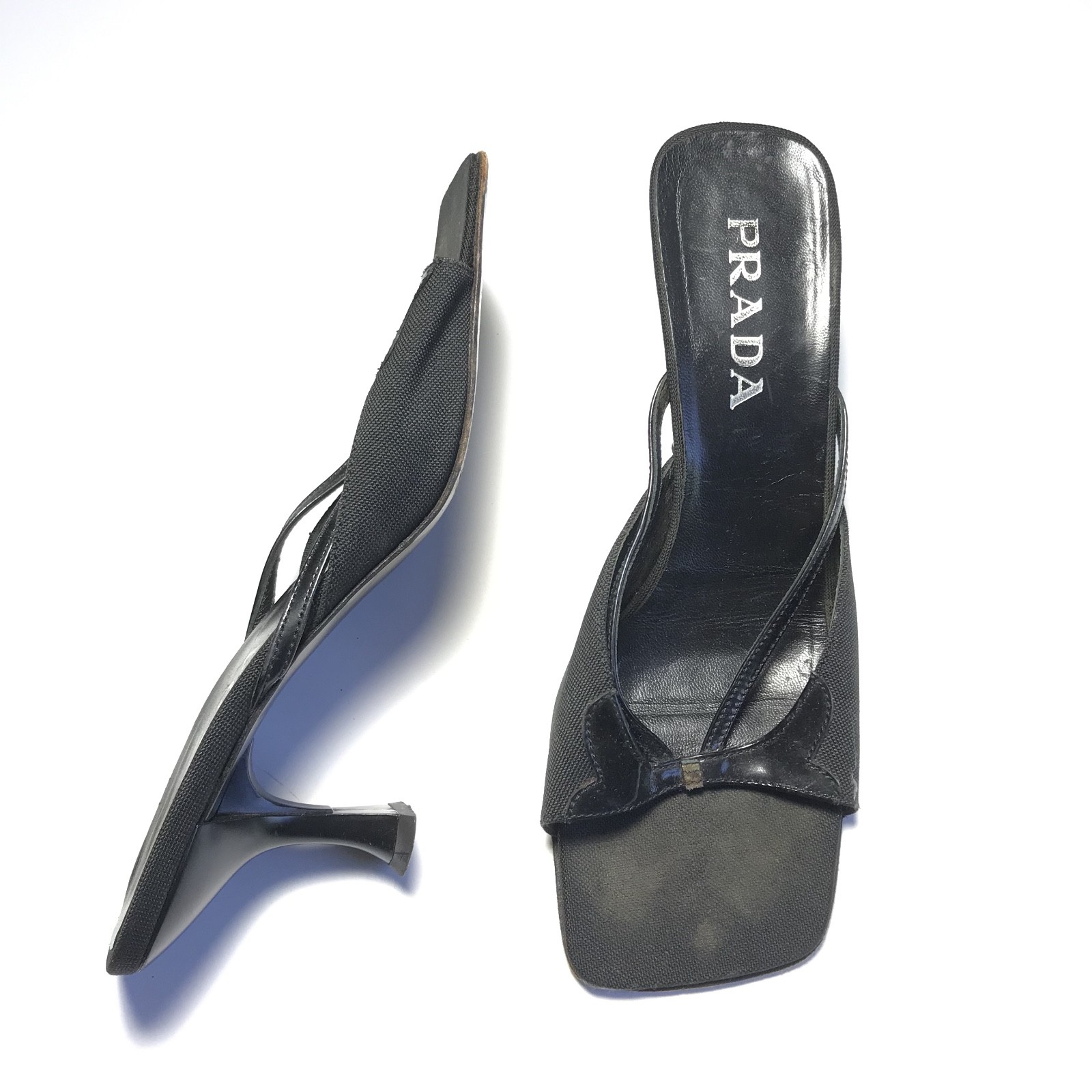 Prada Vintage Y2K Black Square Toe Logo Strappy Mules 39.5