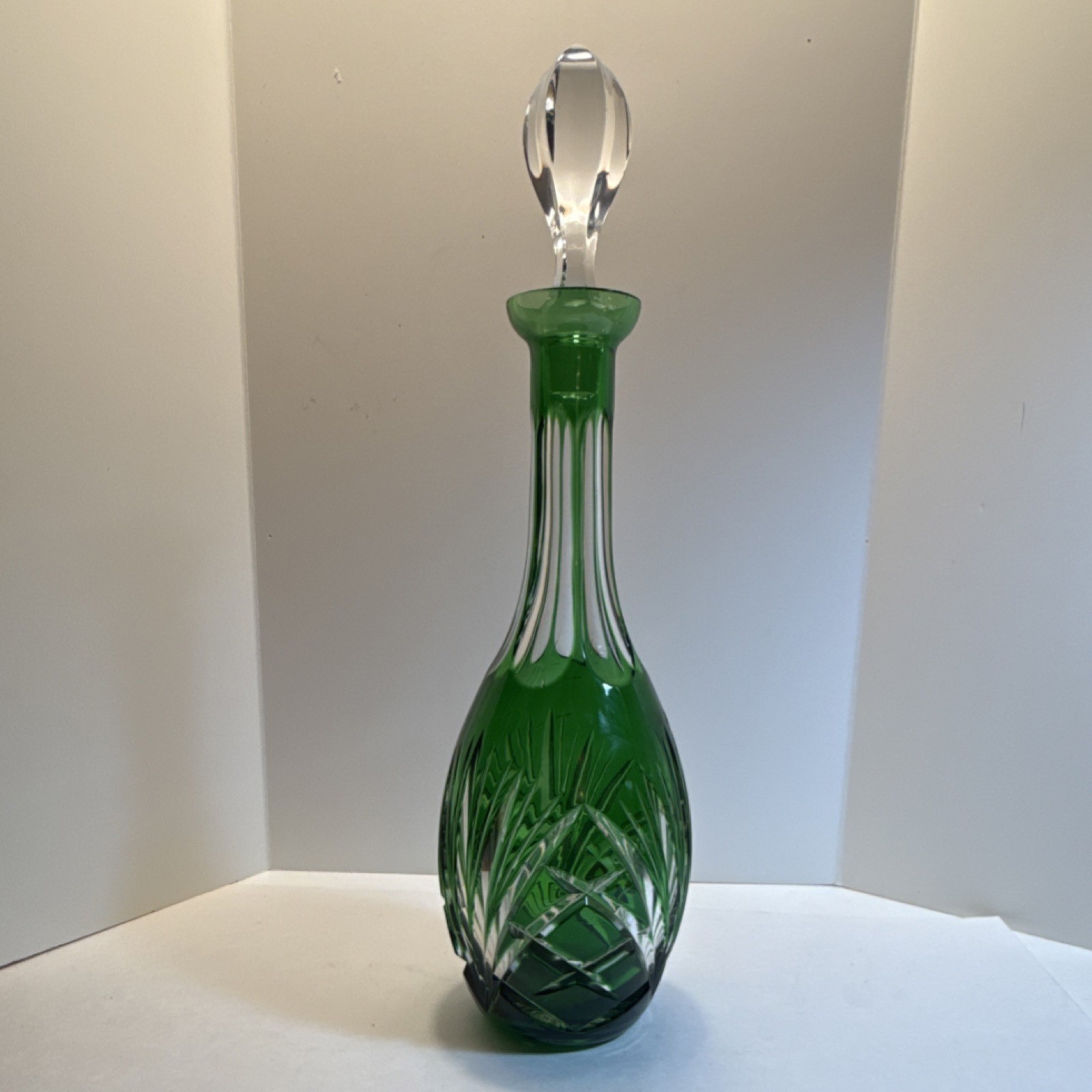 Vintage Green Cut Crystal Decanter w/ Clear Glass Stopper