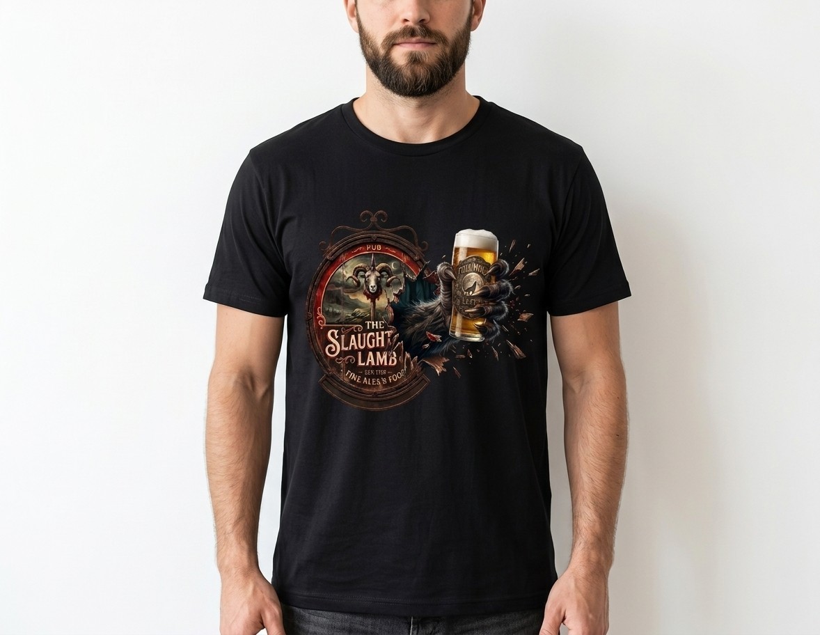 American werewolf pub, Funny T-shirt, Vintage Style, unisex, Black. XL
