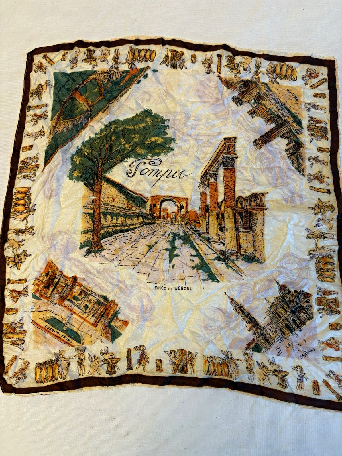 Vintage 1960S-70s Pompeii Italy Souvenir Silk-Feel Scarf (Satin)