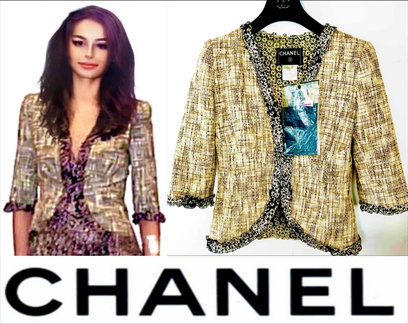 Chanel Vintage 2003 Tan Black Open Ruffle Jacket 34 36 38 2 4 6 Coat CC Logo S M