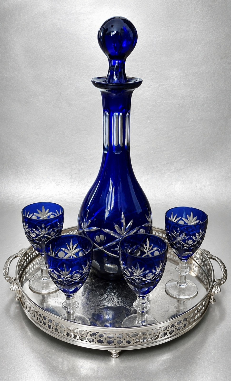 Vintage Bohemian Crystal Decanter Set Cut To Clear & 4 Cobalt Cordial Glasses