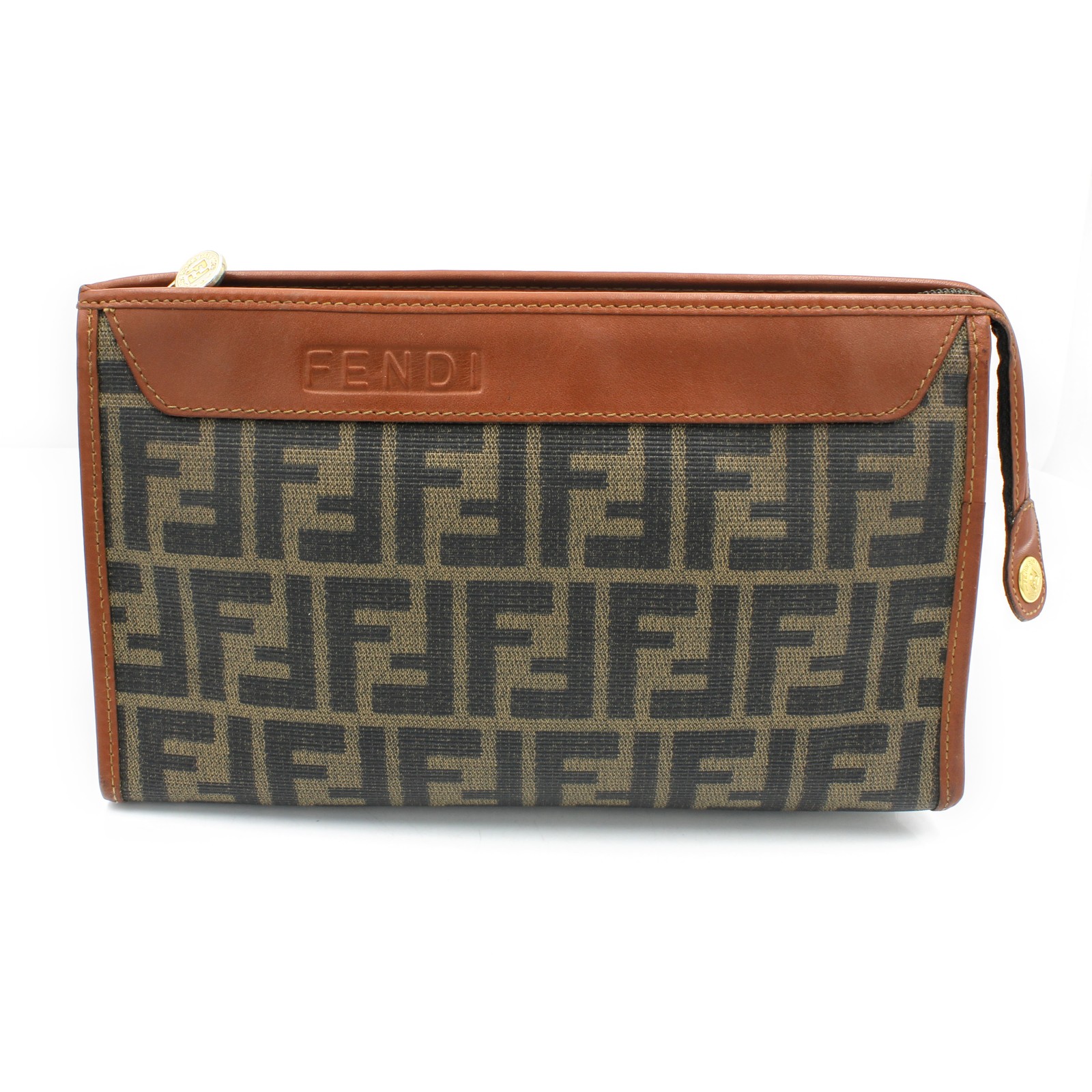 Vintage Fendi Zucca Canvas & Leather Brown FF Monogram Flat Pouch Clutch #M1573