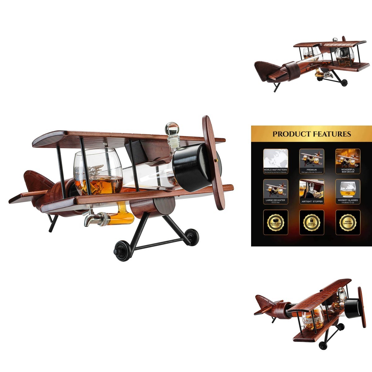 Whiskey & Wine Decanter Airplane Set And Glasses Antique Wood Airplane - DE