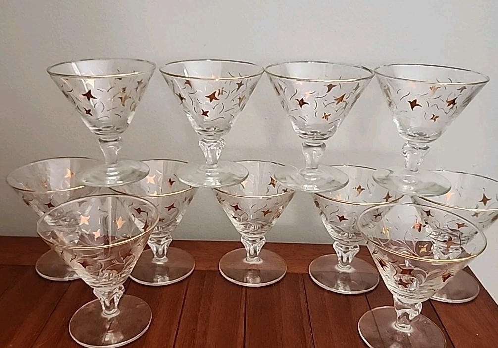 Vtg Libbey Gold Leaf Cocktail Glasses Set Of 10 Martini Stemware MCM Barware