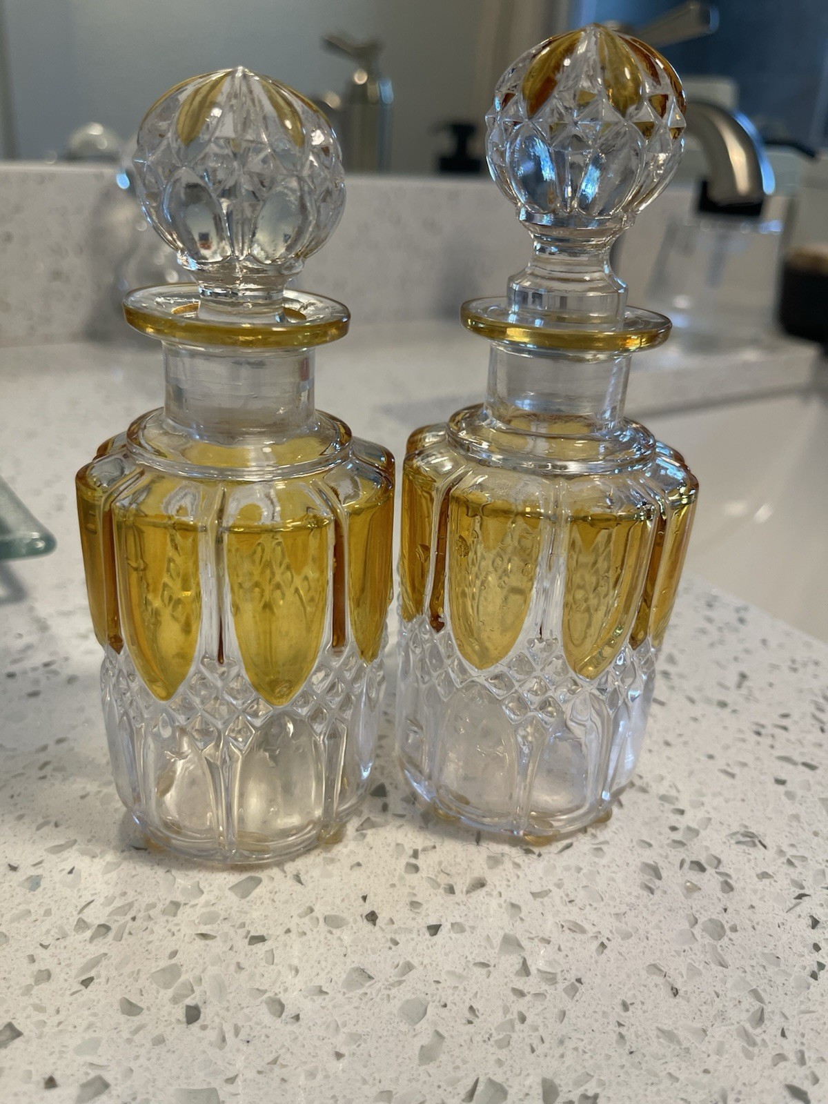 Vintage Val Saint Lambert Crystal Set of 2 Yellow and Clear Perfume Bottles