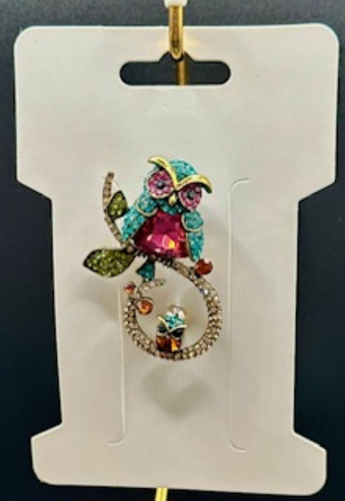 Vintage Crystal Owl Rhinestone Brooch Pin