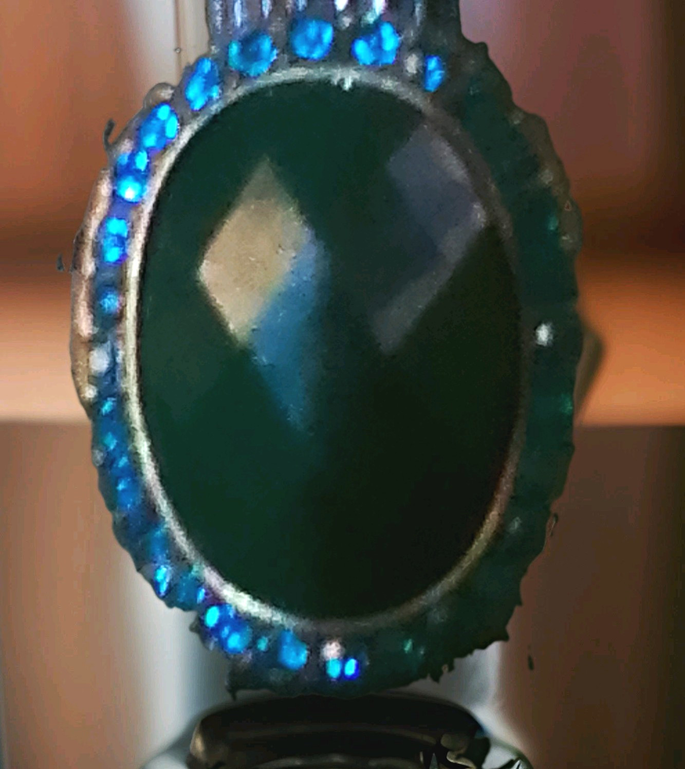 Vintage Oval Green Cabochon Cocktail Ring Blue Crystal Halo Bezel Brass