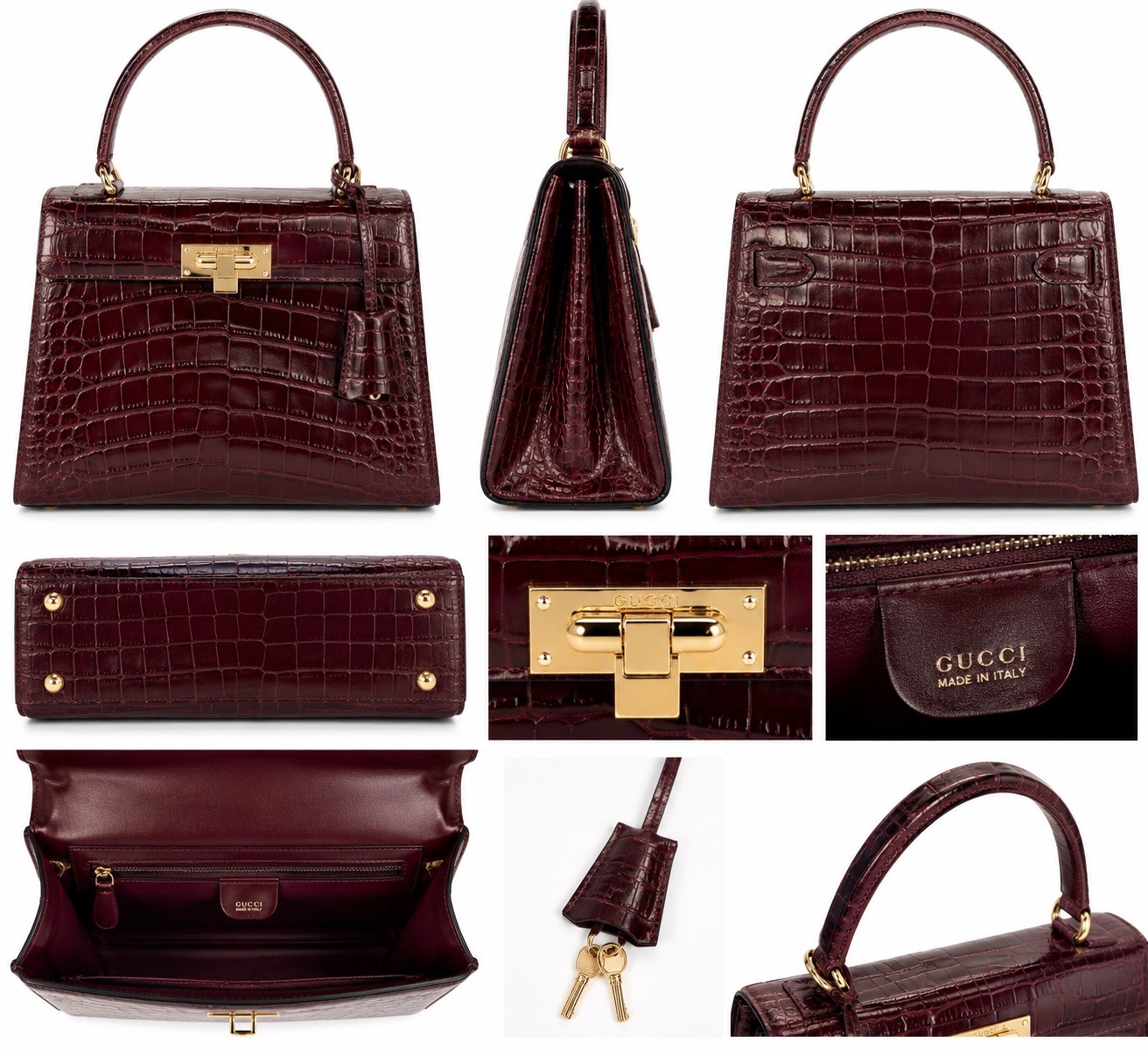 Vintage Gucci Burgundy Crocodile Top Handle Bag Gold Hardware