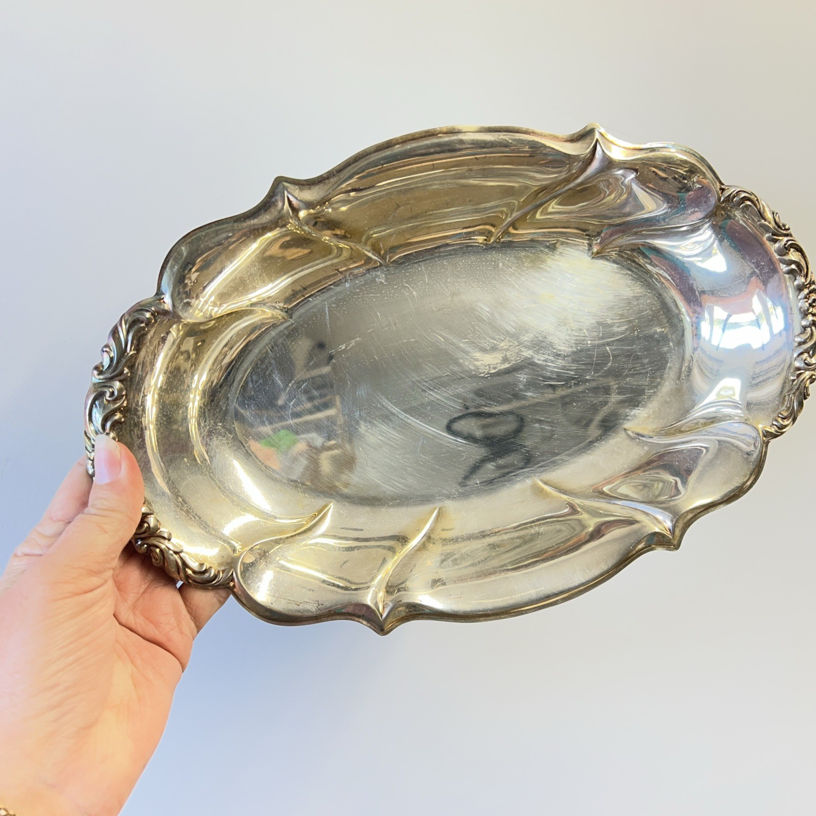 VTG SILVER PLATE OVAL SERVING TRAY ORNATE Scrolled Edge 12.5” X 8”