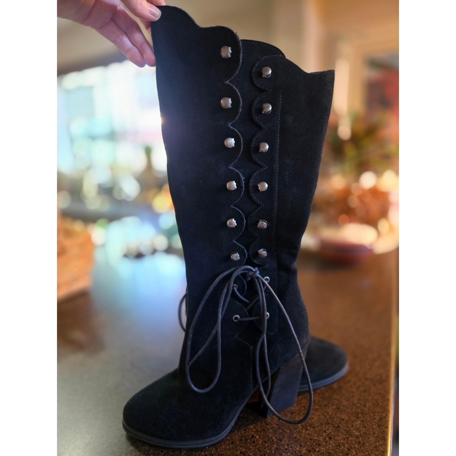 NWOT Vtg SBICCA Black Leather Suede Knee High Boots Lace Up Scalloped Rivet sz 9