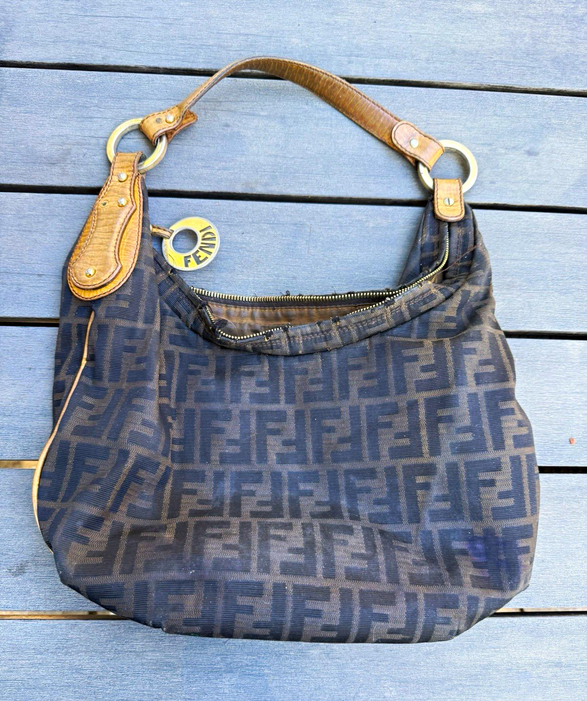 Vintage Fendi Zucca FF Monogram Canvas Hobo Shoulder Bag Logo Charm Italy