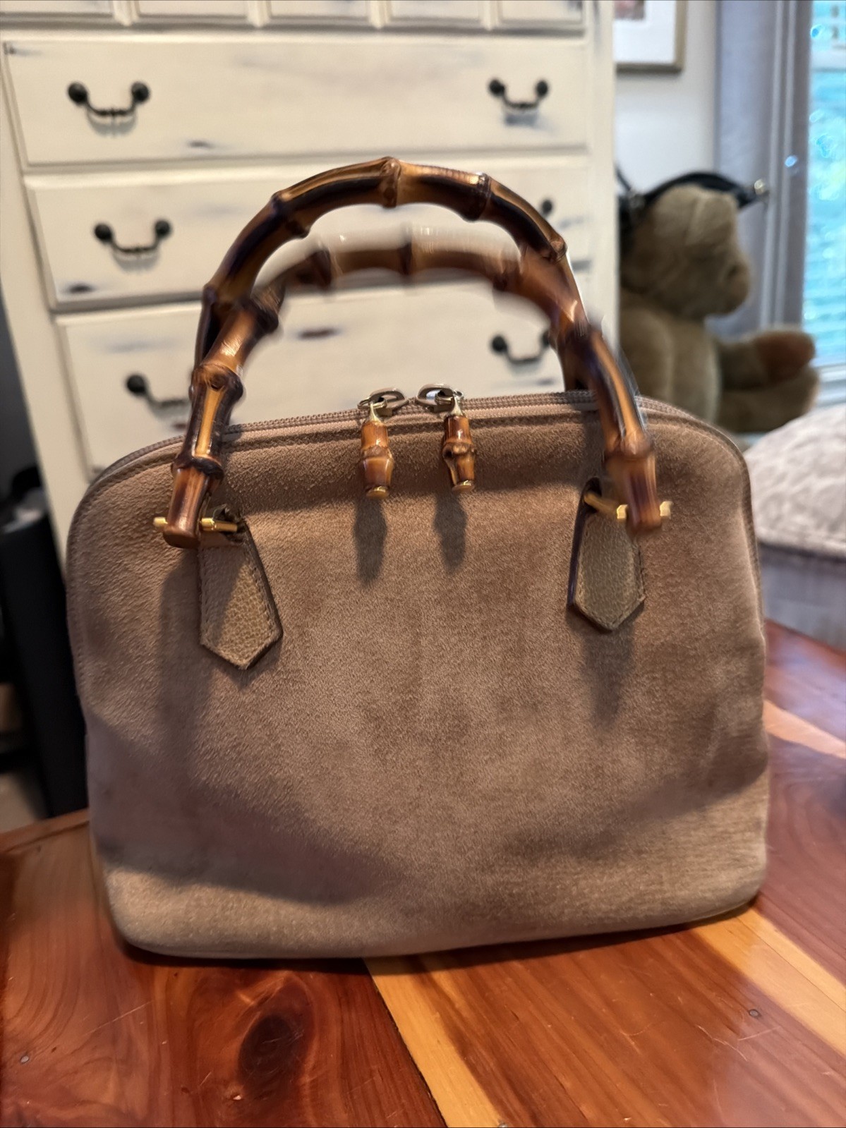 Vintage Gucci Suede Bamboo Handle Zip Top Bag