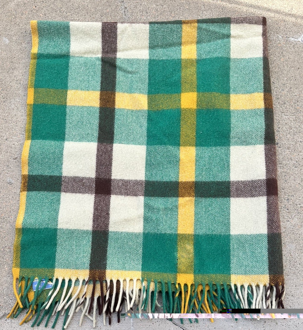 Vtg 100 % WOOL Cabin Camp Cottage Cozy Green Gold Brown Blanket Throw