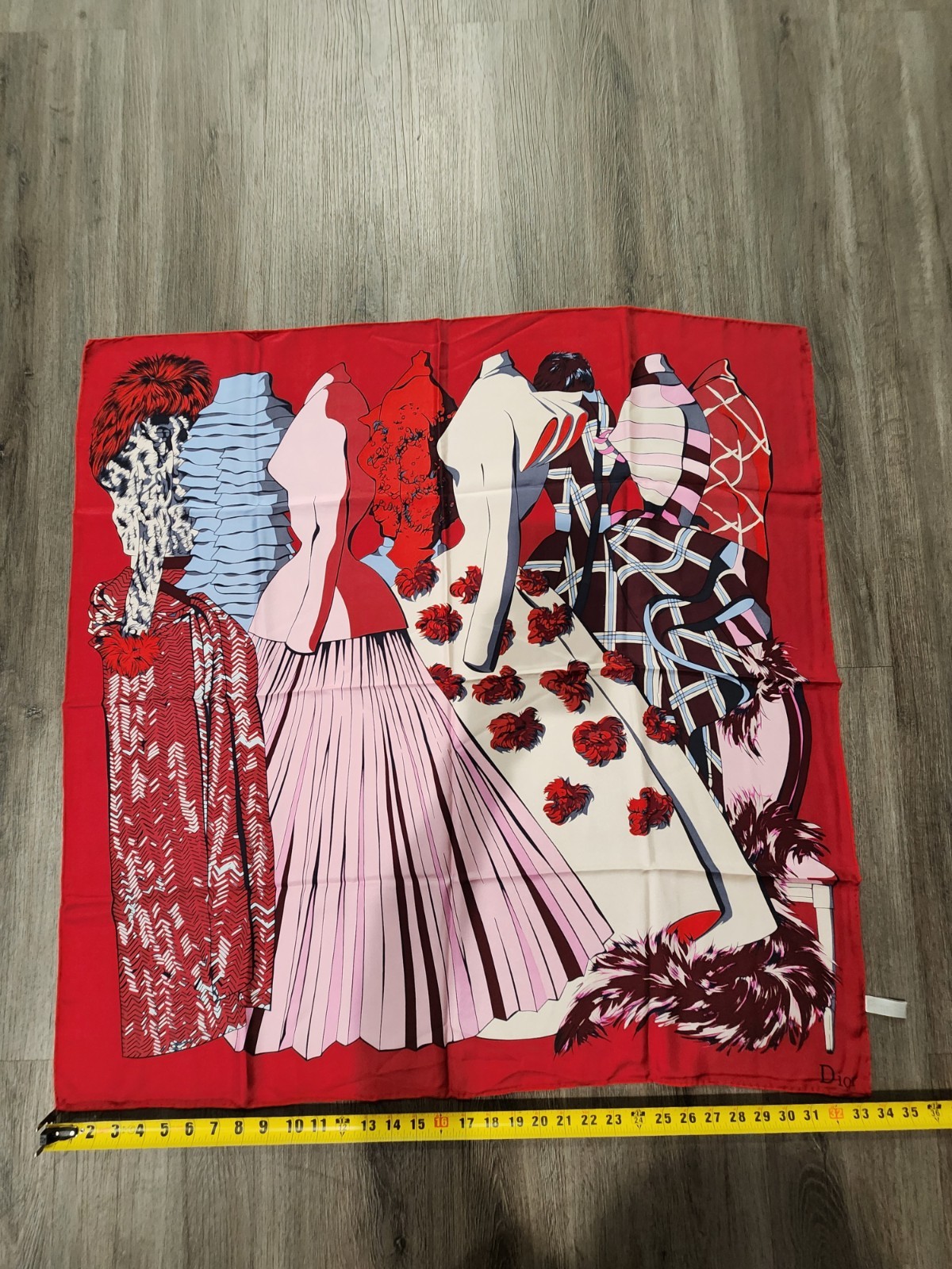 Vintage Christian Dior Paris Silk Scarf 32" Red Couture Fashion Dress Print
