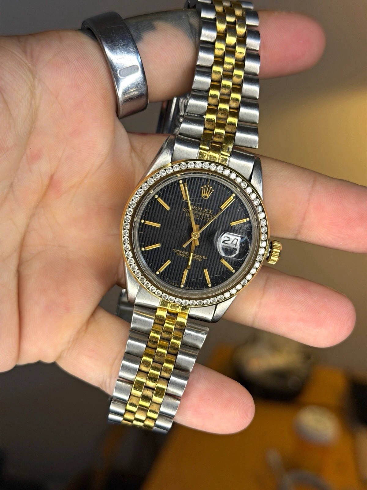 Vintage Rolex Datejust 36mm Two-Tone Black Dial Jubilee Custom Diamond Bezel