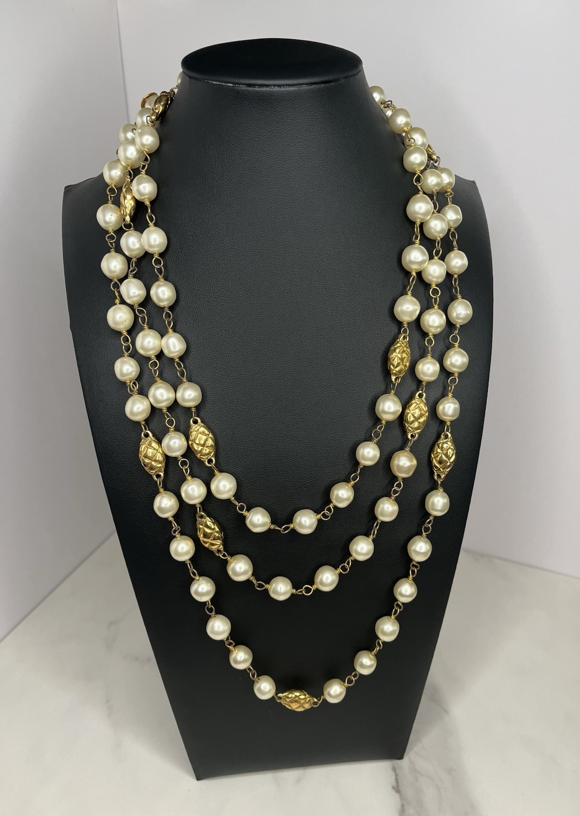 Vintage 72in LONG Signed Chanel Faux Pearl Gold Toned Necklace