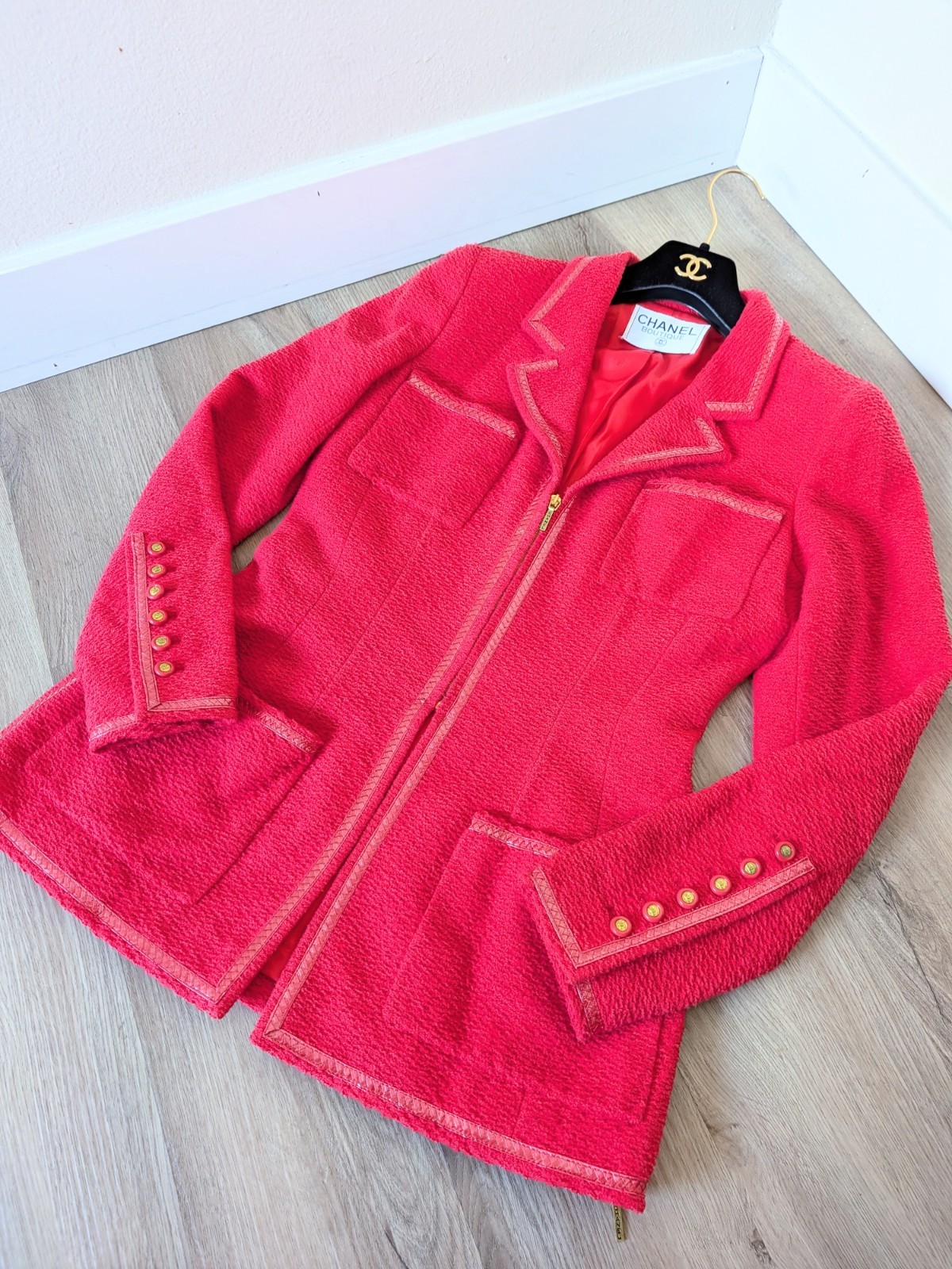 CHANEL Vintage Spring 1995 Runway Barbie Collection Red Tweed CC Jacket FR38