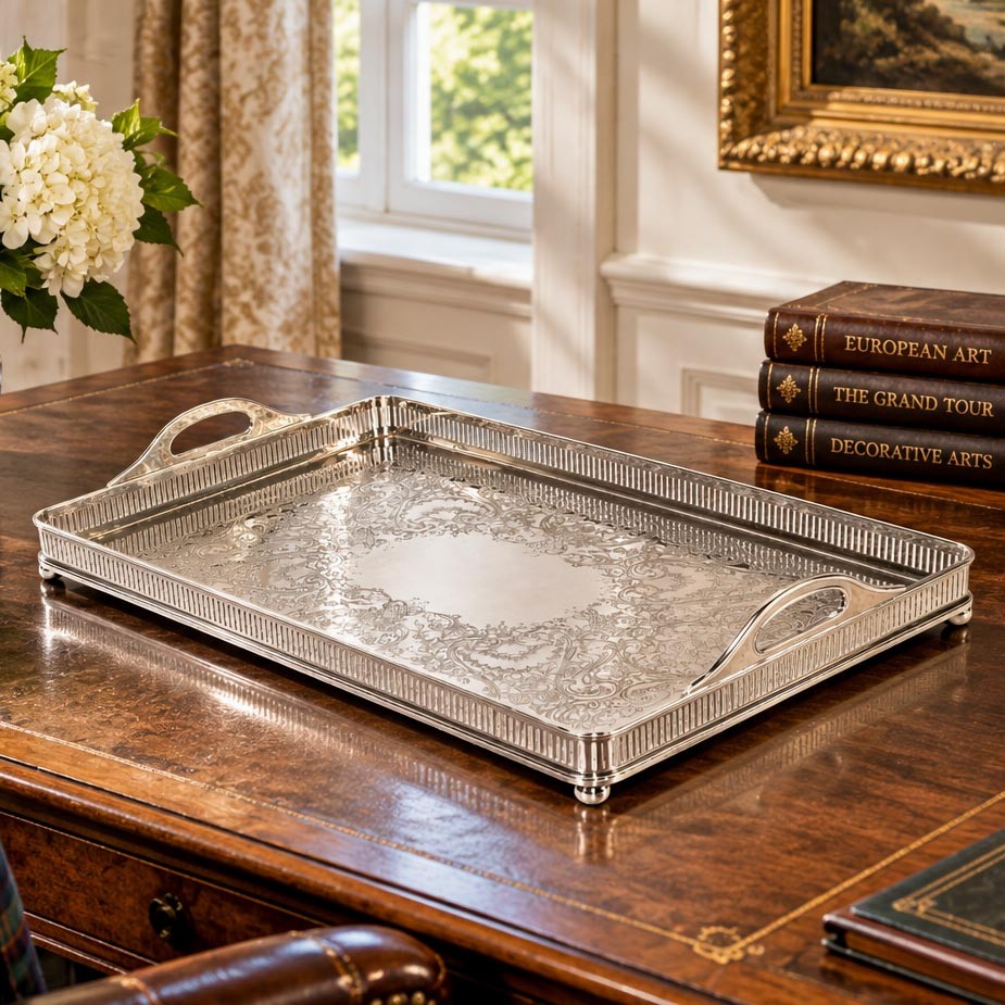 Vintage Silverplate Gallery Tray Large Engraved Rectangular Serving Tray Barware