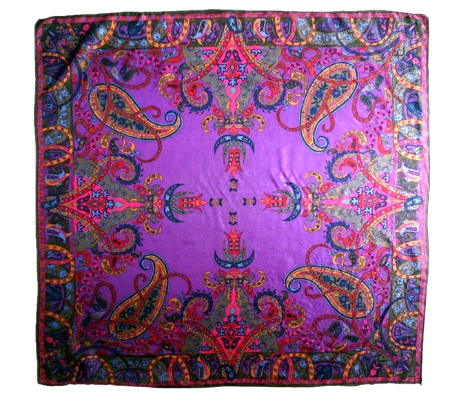 Vintage 100% Silk Twill Paisley Square Scarf Purple Magenta Floral Print Wrap