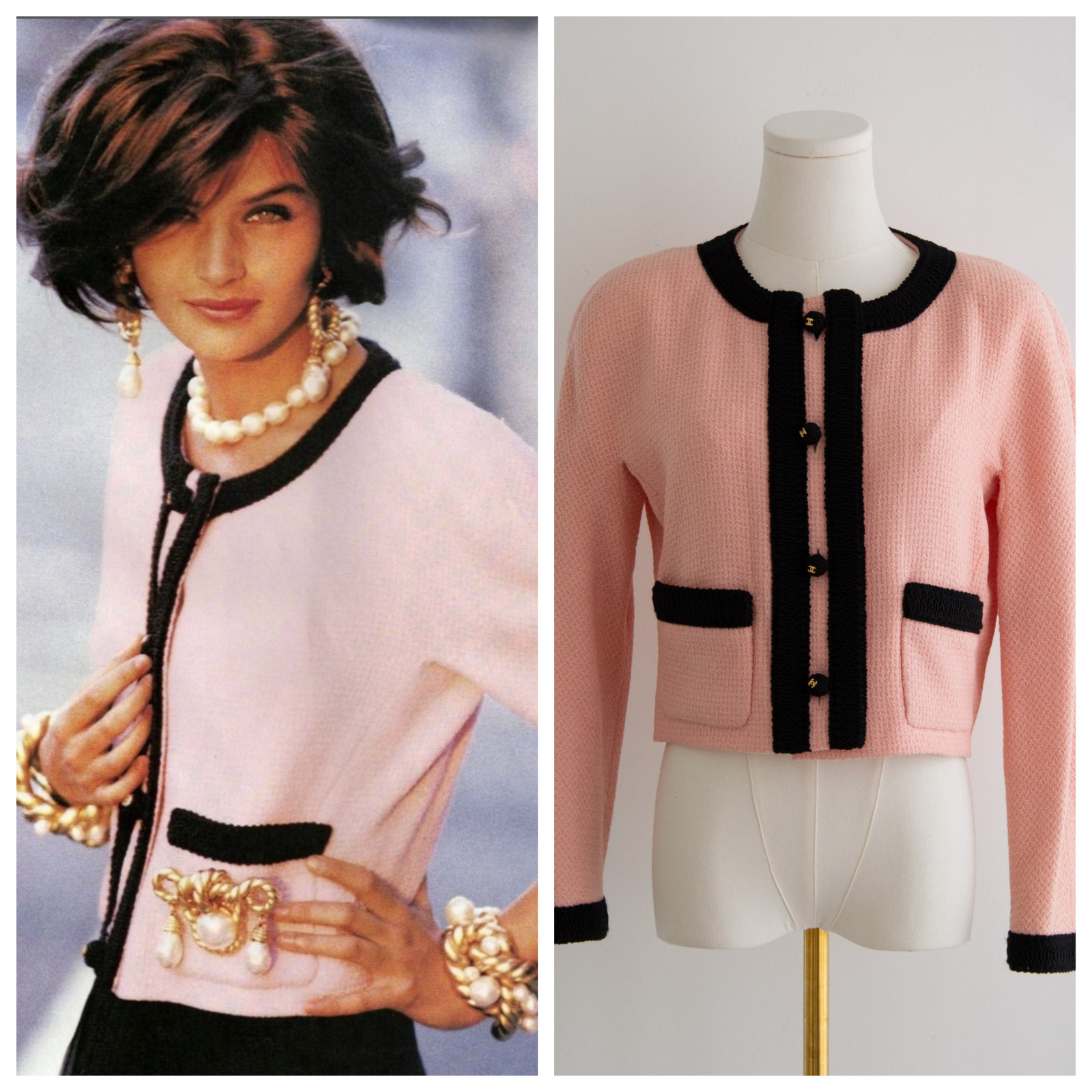 Chanel Vintage S/S 1990 Pink Black CC Tweed Jacket