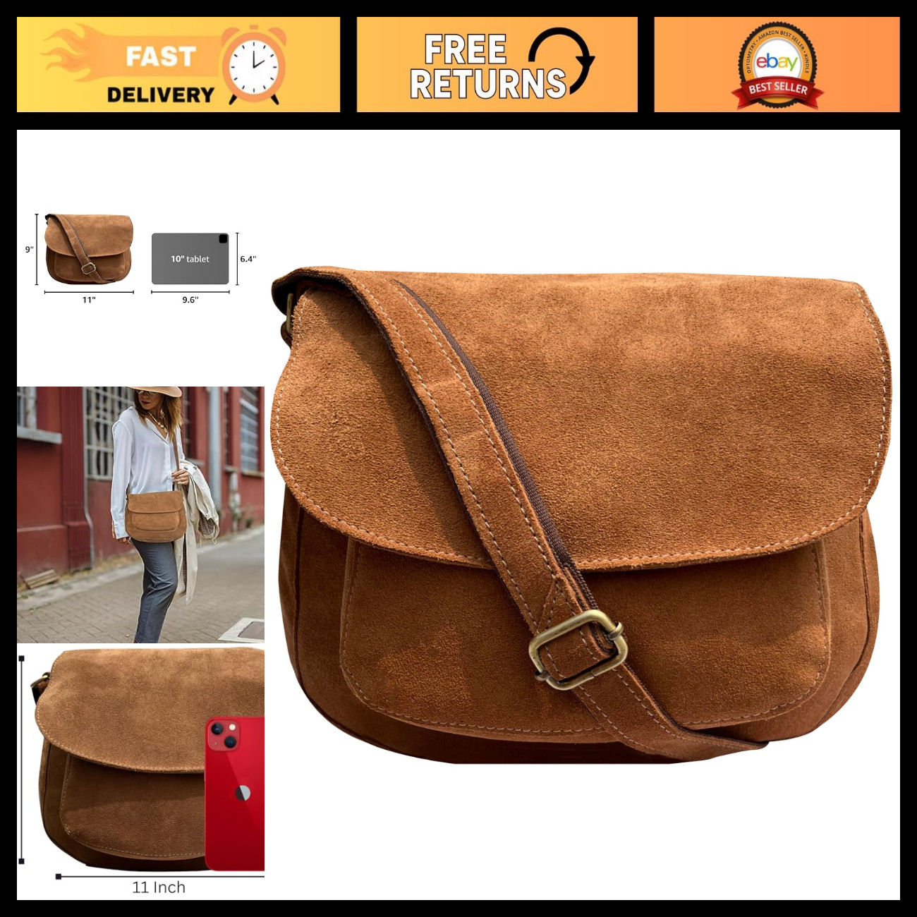 Vintage Leather Crossbody Bag for Women - Stylish Satchel, Travel Saddle Purse