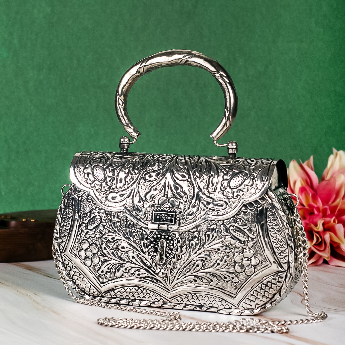 Vintage German Silver Handbag, Embossed Floral Clutch, Black Velvet Lined Bridal