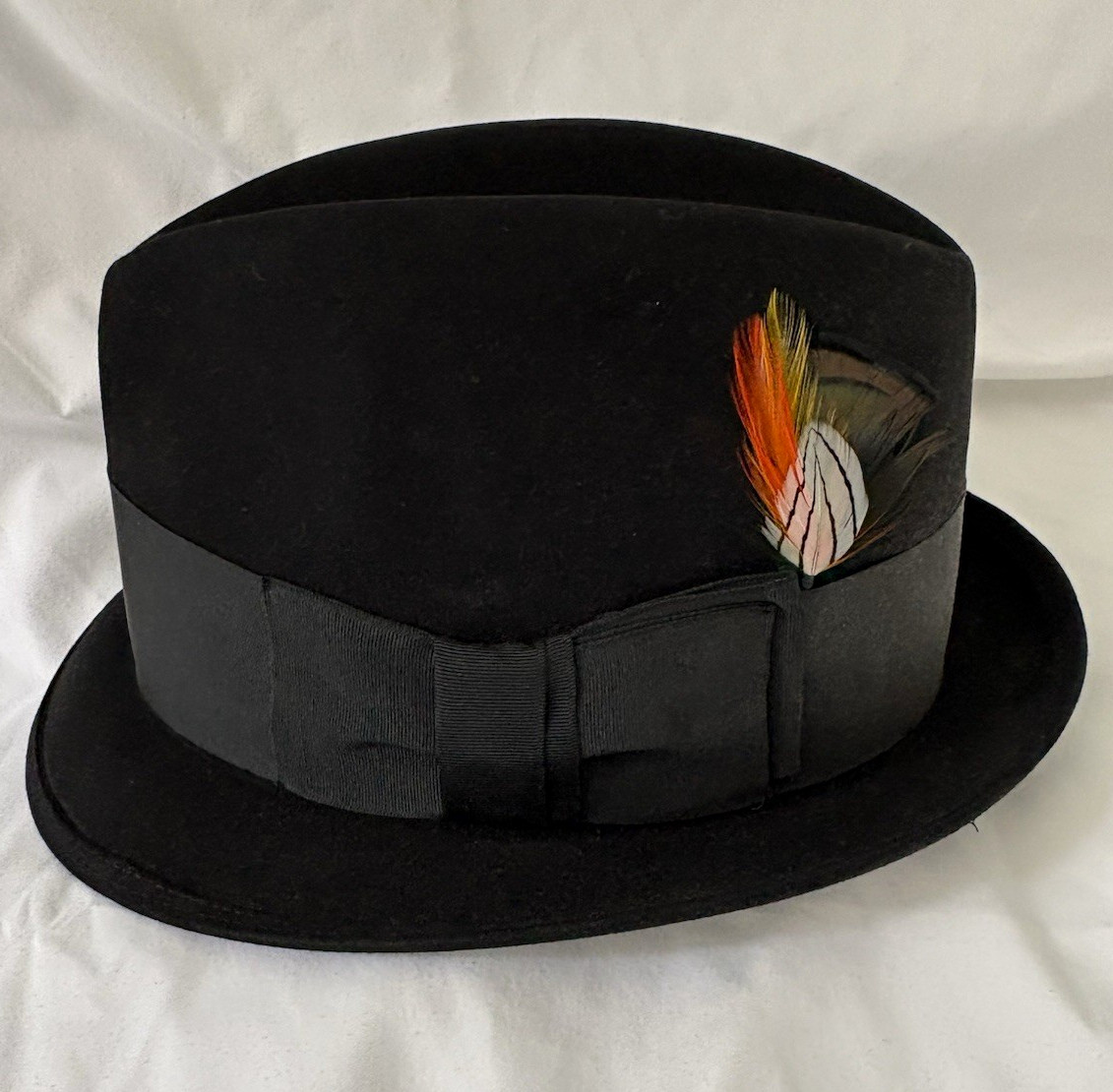 Vintage Royal Stetson Black Fedora Size 7 Fur Felt Dress Hat with Feather.