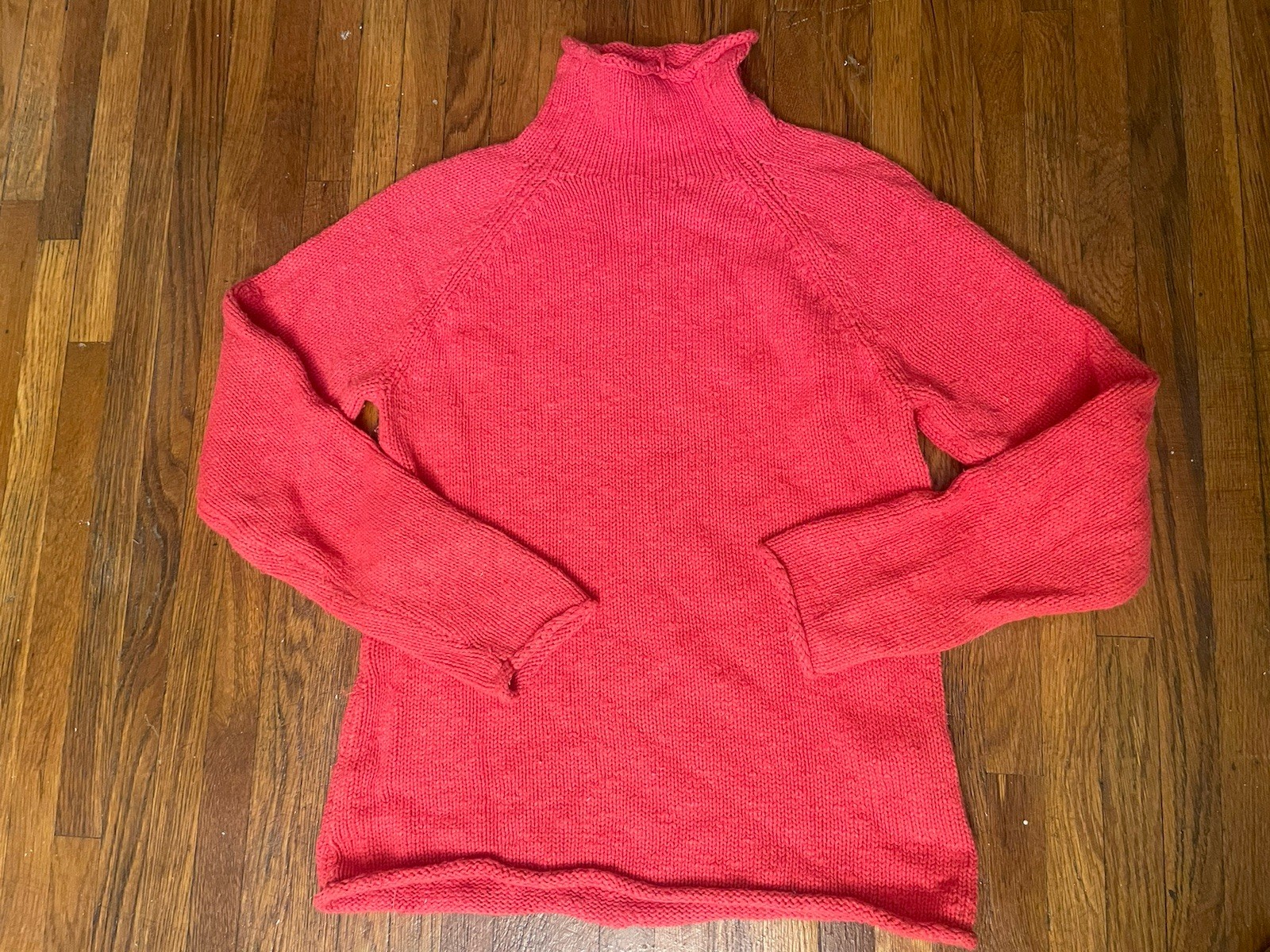 L.L.Bean Vintage 90s Red Cotton Knit Turtleneck Fisherman Sweater Sz S