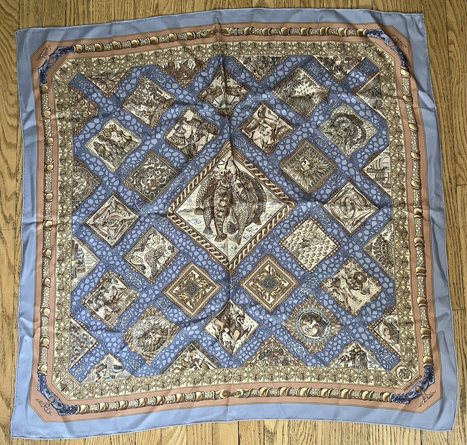 HERMES Mare Nostrum Silk Scarf 90 Annie Faivre Blue Vintage Carre France