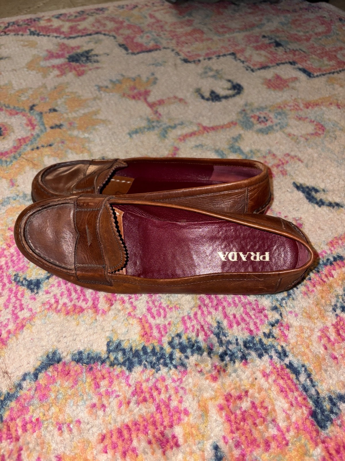 Vintage PRADA 38 women's shoes loafers, light brown with a red interior