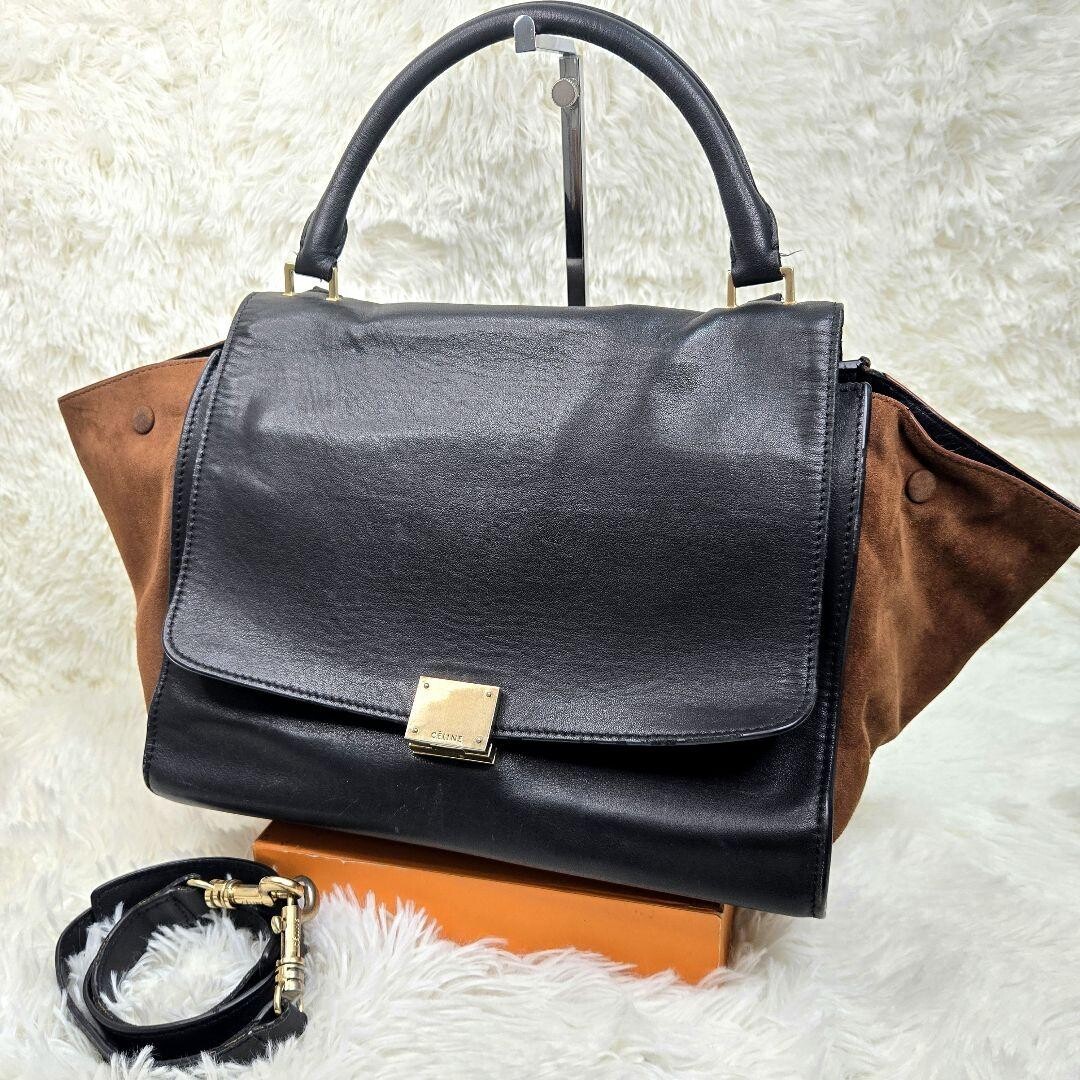 CELINE Trapeze 2way Shoulder bag Leather Black Vintage Authentic From Japan