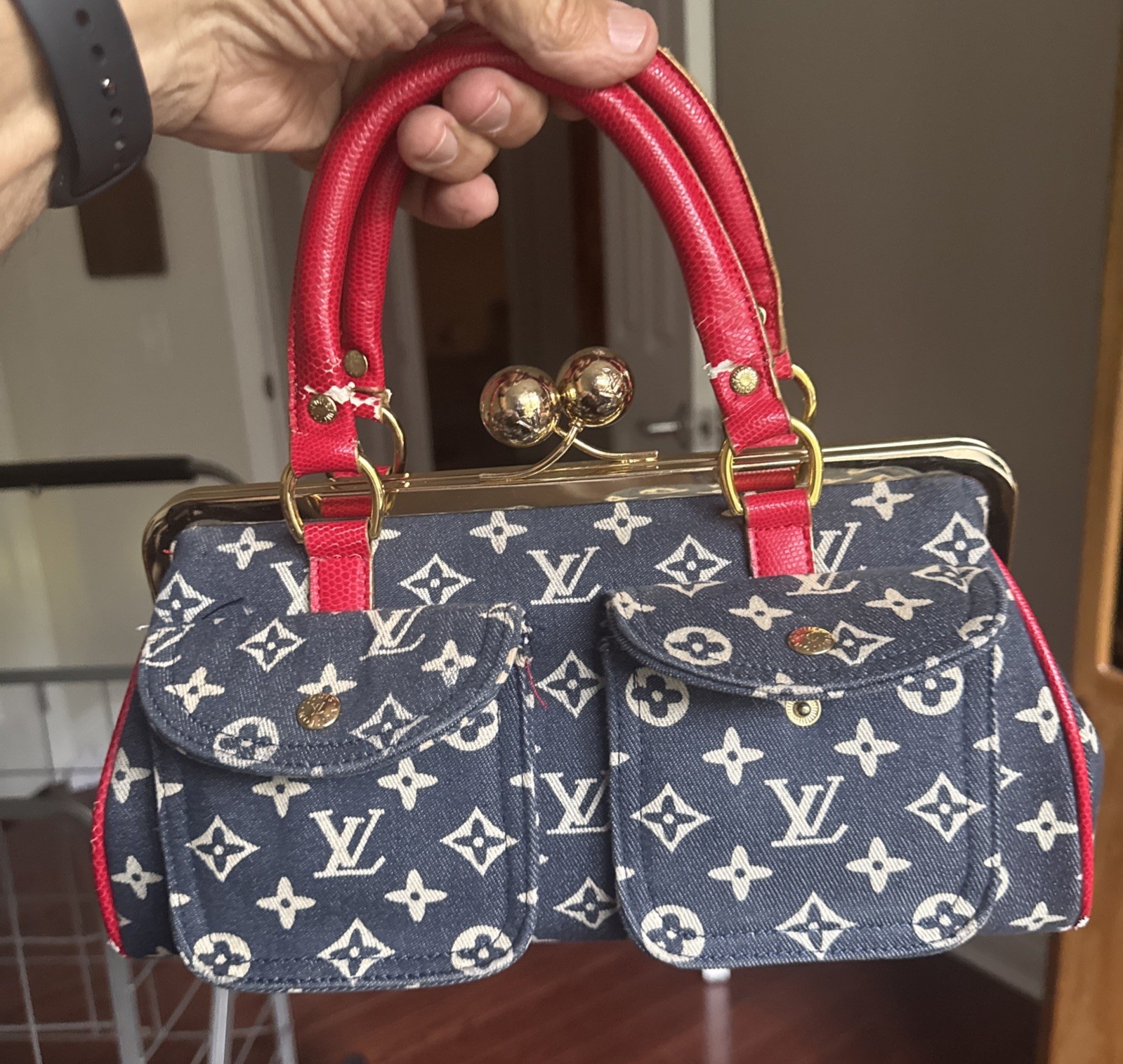 Vintage Louis Vuitton Monogram Denim Sac Fermoir Handbag w Top Handle Kisslock