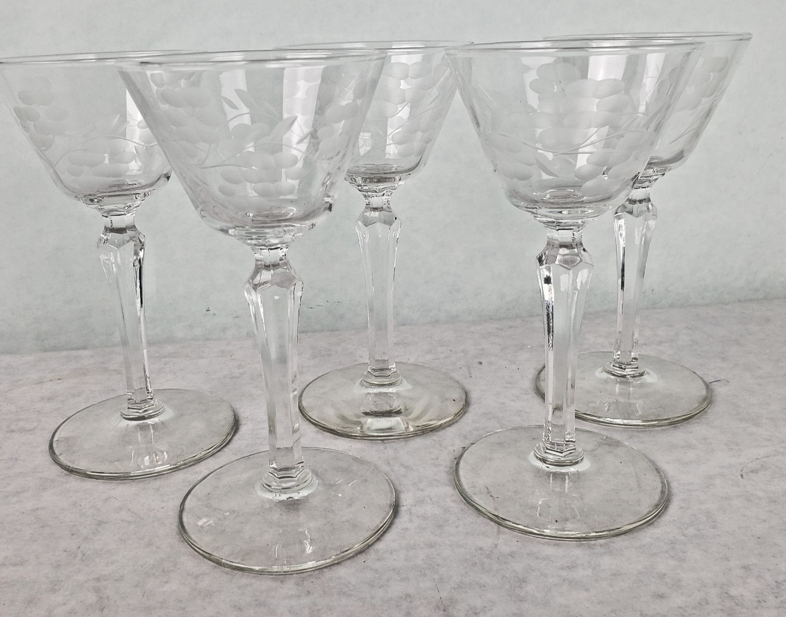Set of 5 Vintage 60's Etched Crystal Cocktail Glasses 5.75" Tall