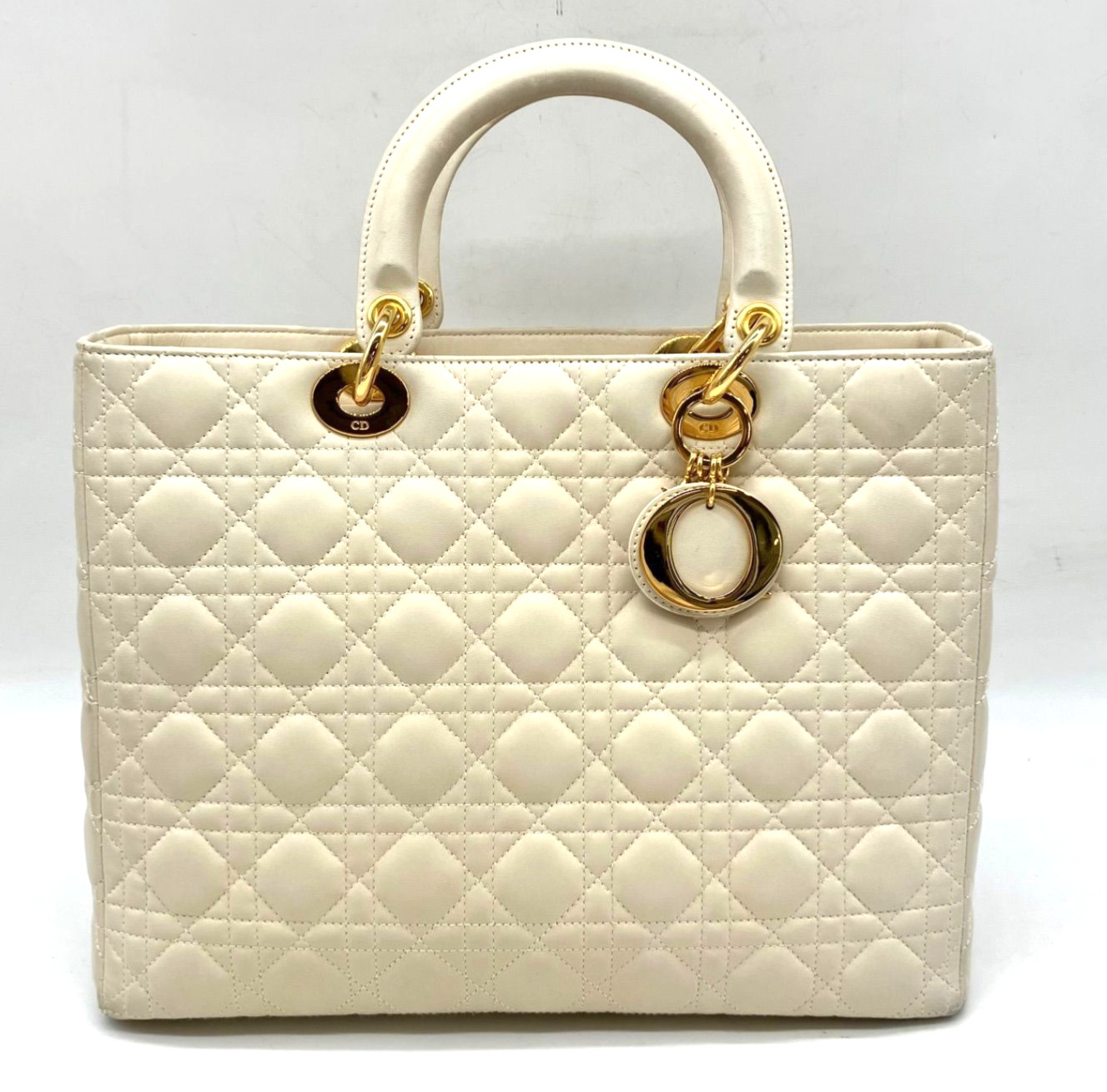 Christian Dior Vintage Lady Dior Large Cannage Lambskin Ivory 2Way Bag