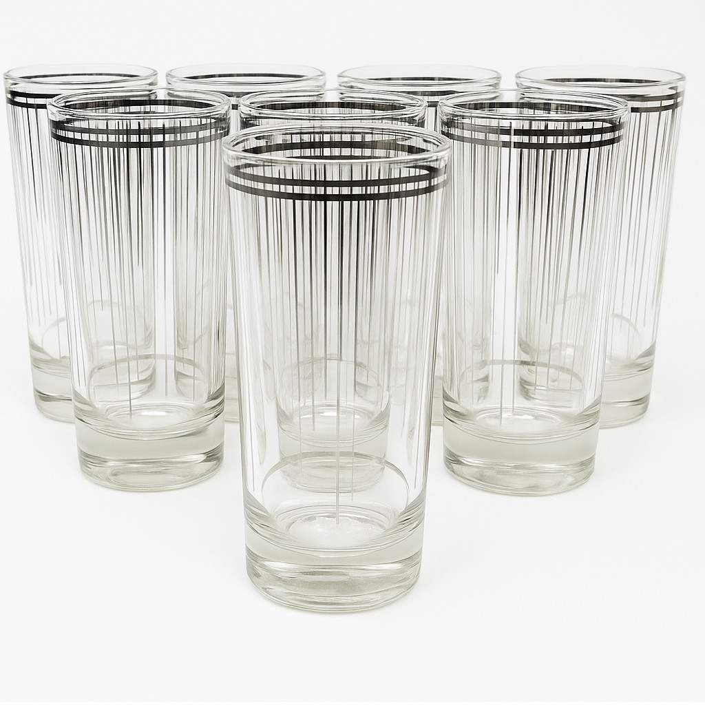 8 Vintage Culver Silver Striped Highball Glasses Art Deco Cocktail Barware MCM