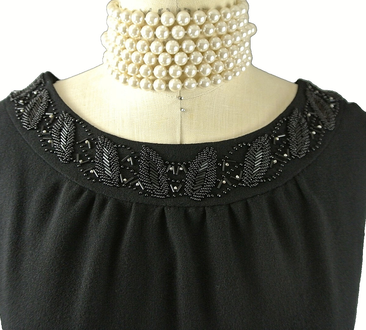 Vintage Hand Made Black Cocktail Dress L Sheath Hand Beaded Neckline #LIN