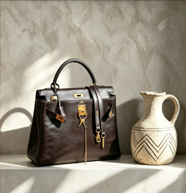 Hermès Kelly 32 Ebene GHW Box Calf Leather Vintage Designer Shoulder Bag Rare