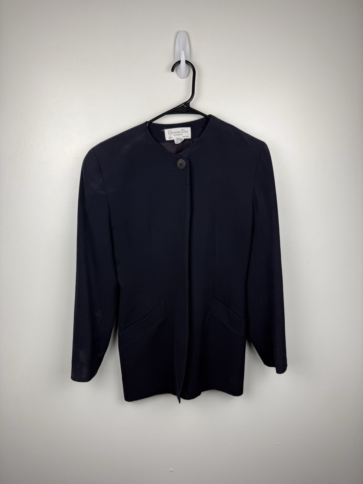 Vintage 90’s Christian Dior Navy 100% Wool Jacket Distressed Size 6 Women’s USA