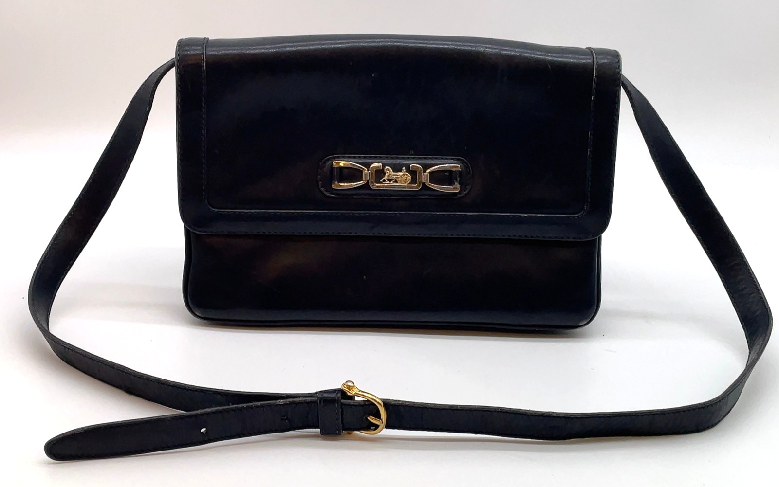 Auth CELINE Vintage Horse Carriage Leather Black Shoulder Bag NS091438