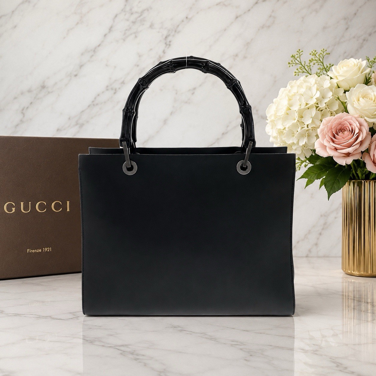 Authentic Gucci Bamboo Black Leather Top Handle Tote Bag Vintage Made Italy