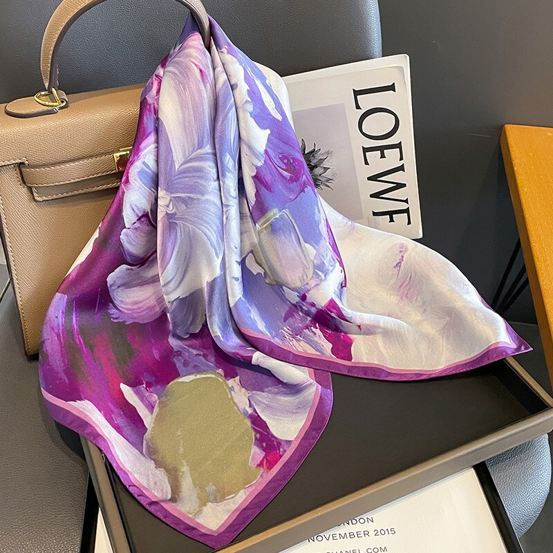 100% Mulberry Silk 27" Square Scarf Women Vintage Neckerchief Wrap Purple Flower