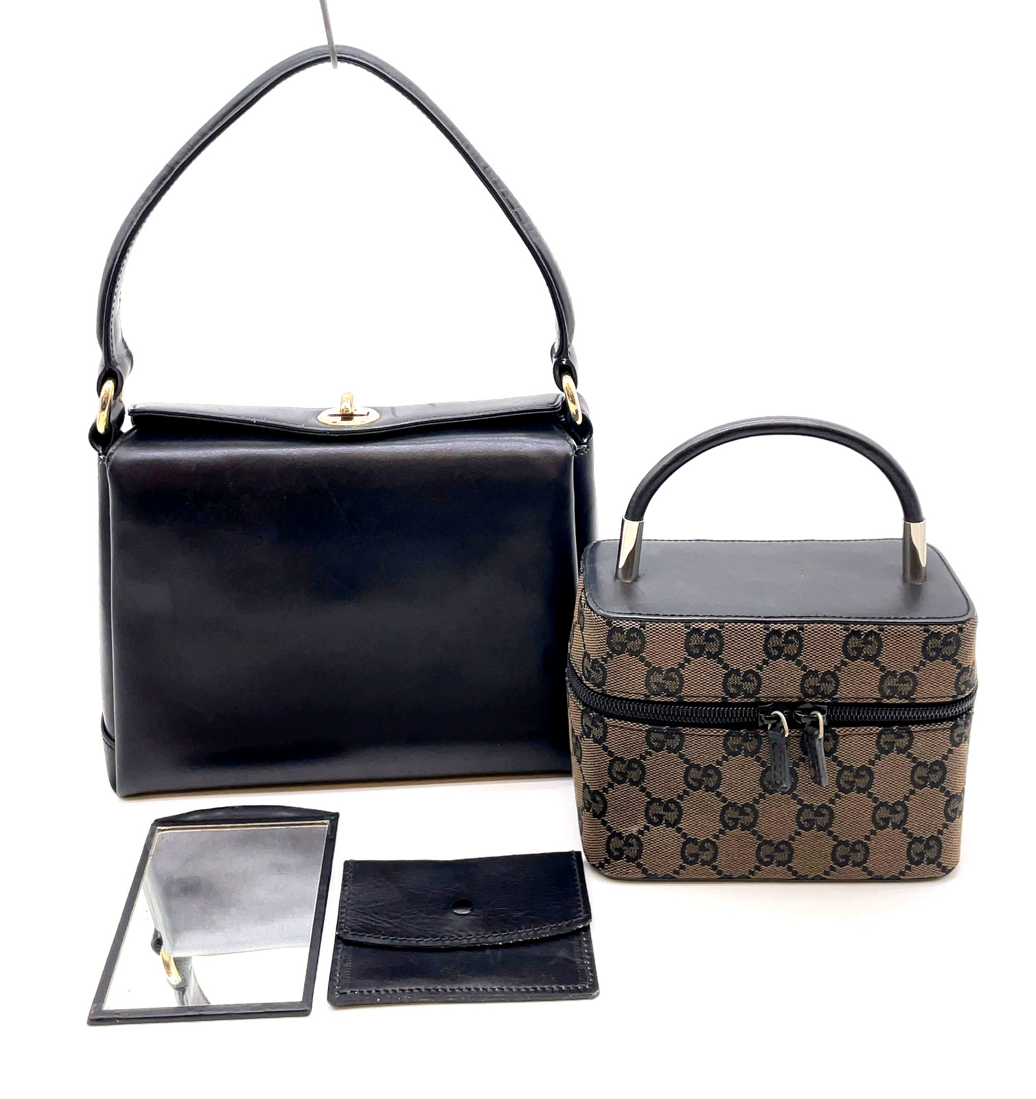 Auth Gucci GG Canvas Leather Brown Black Hand Bag 2 Set W/Mirror NS090326
