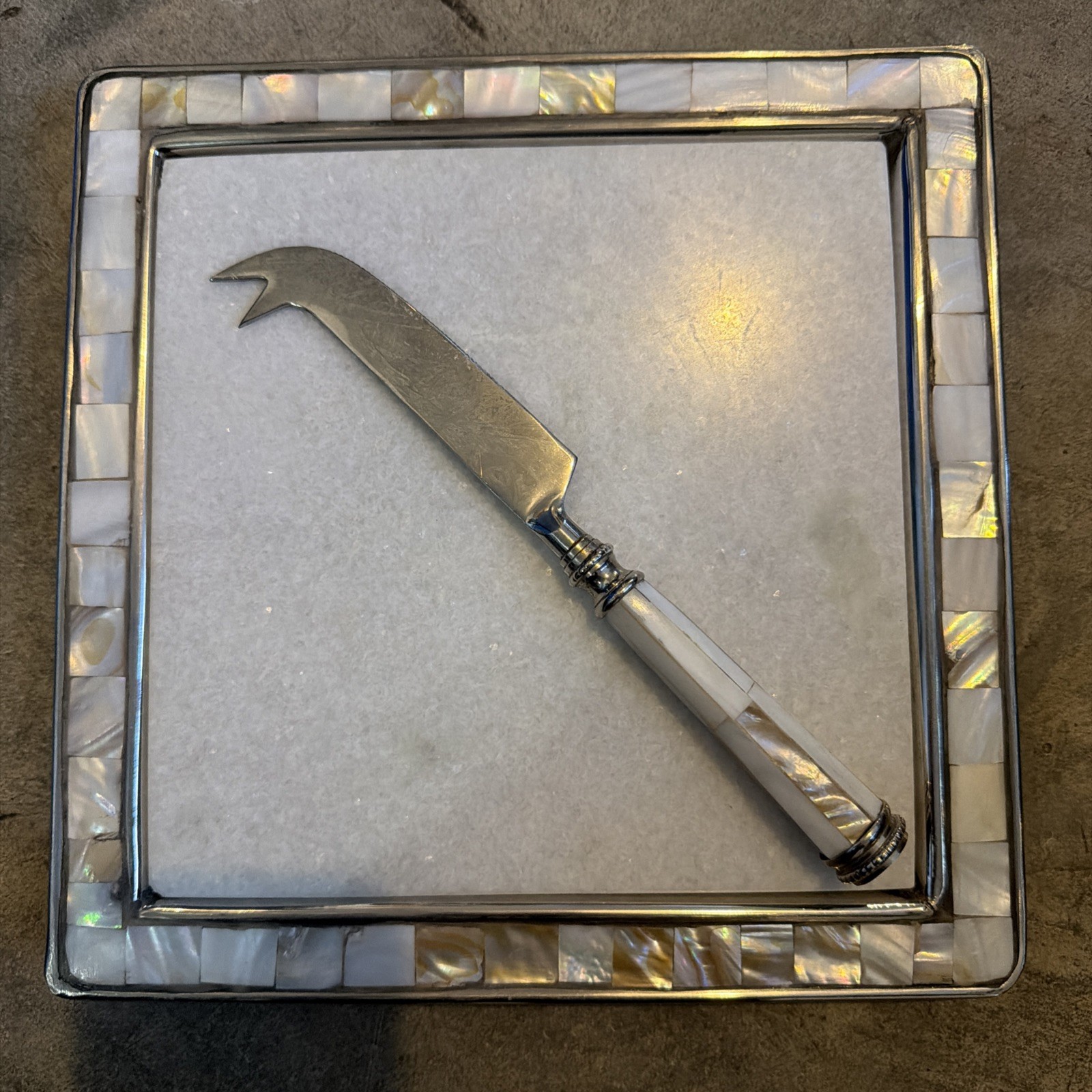 Vintage Ralph Lauren Pearl Cheese Board & Knife Set Marble & Mother Of Pearl