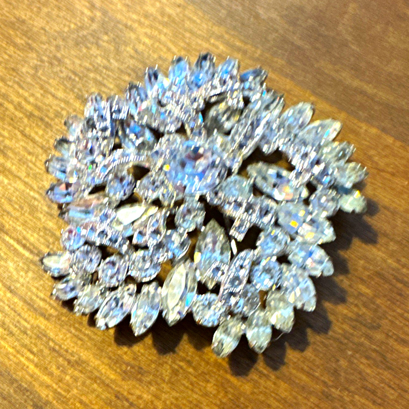 Vintage EISENBERG Rhinestone Brooch HUGE 3” Silver Tone Floral Statement Pin 60g